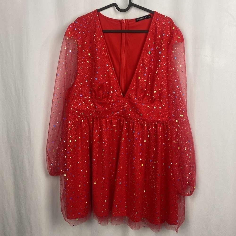 Double Crazy Puff Sleeve Ruched Waist Sheer Mesh Overlay Dress - Size 3XL - Picture 2 of 12